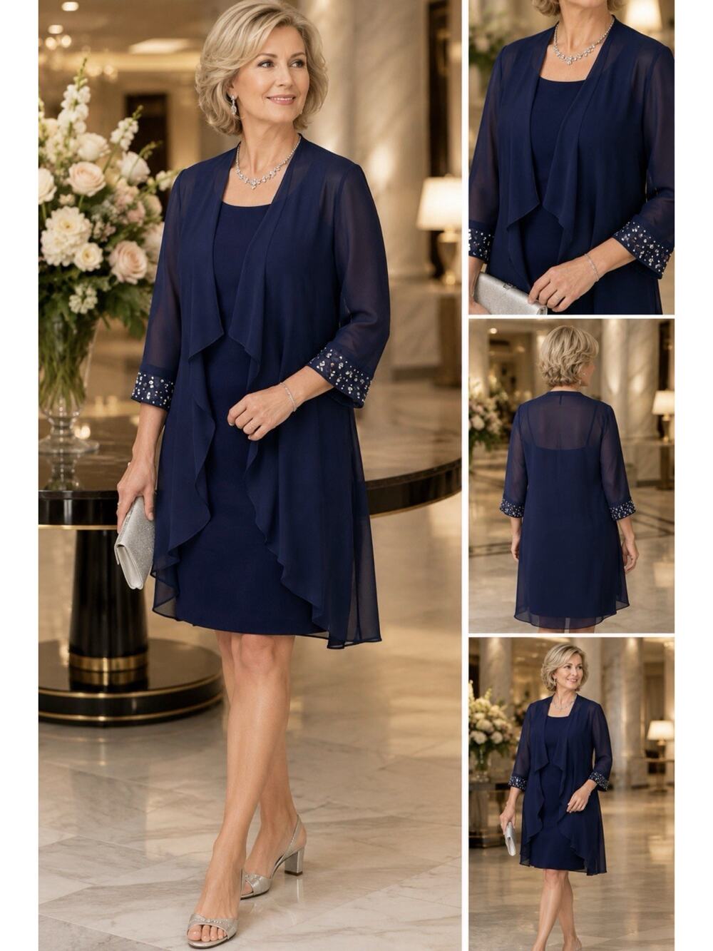 NWT SLNY 16P Deep Navy Sheer Beaded Open Front Duster Jacket Cover Up Petite